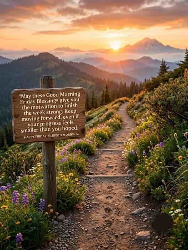 Motivational Good Morning Friday Blessings image with a wooden sign on a mountain trail leading toward a sunrise.