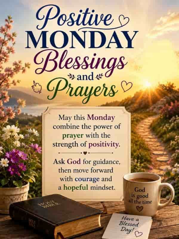 Positive Monday Blessings and Prayers greeting featuring a beautiful sunrise over a flower-lined path, a cross on a distant hill, and a blessing message about prayer, courage, positivity, and hope.
