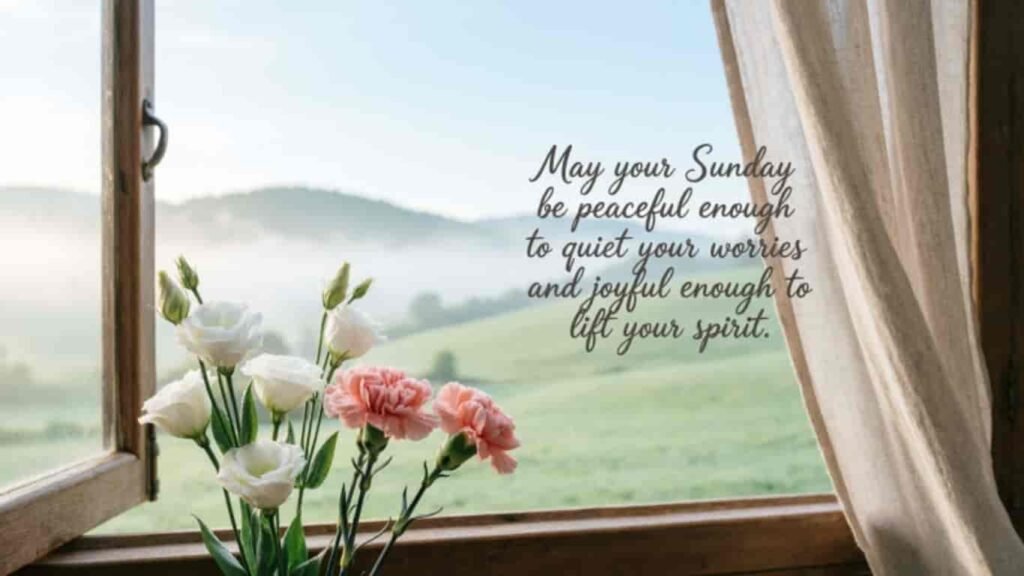 Sunday blessings image with white and pink flowers by a window overlooking a peaceful green landscape, featuring a quote about quieting worries and lifting your spirit.
