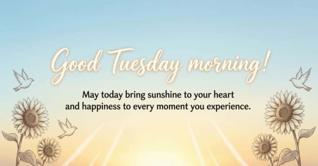 Uplifting Good Tuesday Morning blessing with a message of sunshine and happiness, surrounded by sunflowers and flying doves on a soft blue and golden background.