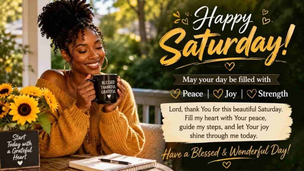 African American woman enjoying a peaceful Saturday morning with a cup of coffee, sunflowers, and a gratitude sign, alongside a “Happy Saturday” message and a heartfelt prayer for peace, joy, strength, and guidance.

