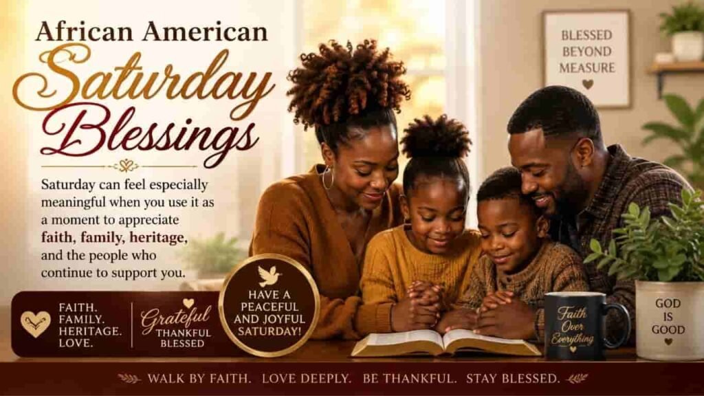 African American family praying together over an open Bible at home with African American Saturday Blessings text.