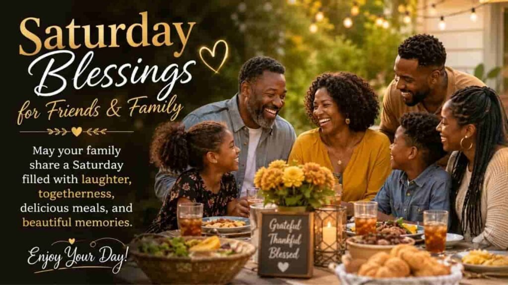 African American family and friends enjoying a joyful Saturday meal together outdoors, surrounded by laughter, togetherness, delicious food, warm string lights, flowers, and a heartfelt “Saturday Blessings for Friends & Family” message.
