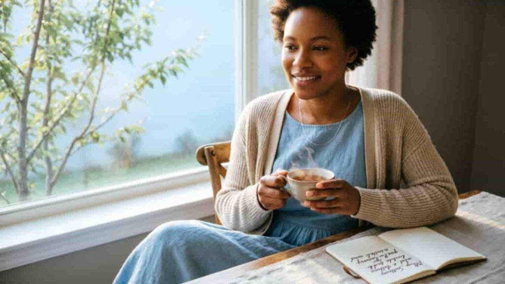 African American woman sitting near a window holding a warm cup of coffee with a journal for Saturday morning blessings.