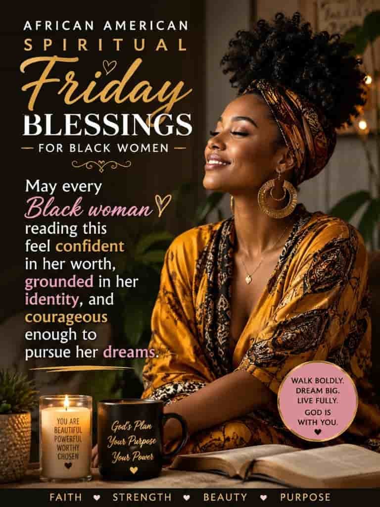 African American Spiritual Friday Blessings for Black Women featuring a confident Black woman in a beautiful patterned headwrap and golden outfit, with an uplifting message about self-worth, identity, courage, faith, strength, beauty, purpose, and pursuing dreams.