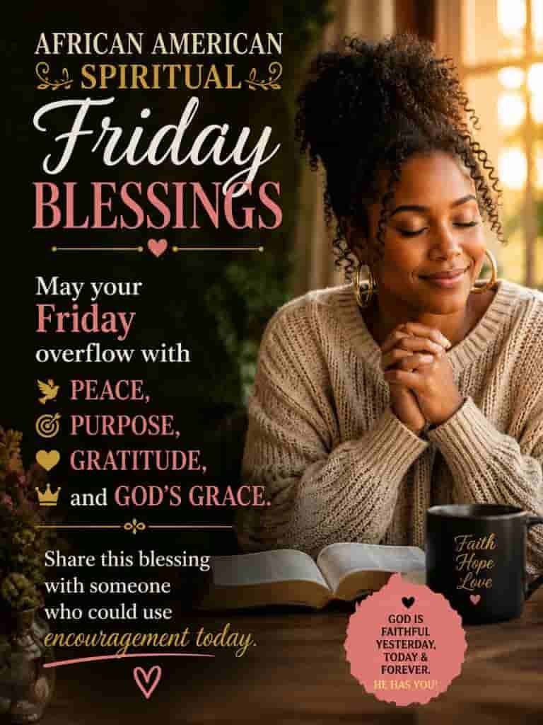 African American spiritual Friday blessings image featuring a Black woman praying beside an open Bible, with a message wishing peace, purpose, gratitude, and God’s grace, encouraging viewers to share the blessing.