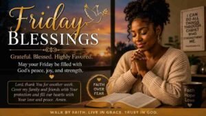 African American woman praying beside an open Bible at sunset with a Friday Blessings message, uplifting Christian quote, and faith-inspired words about God’s peace, joy, strength, and protection.