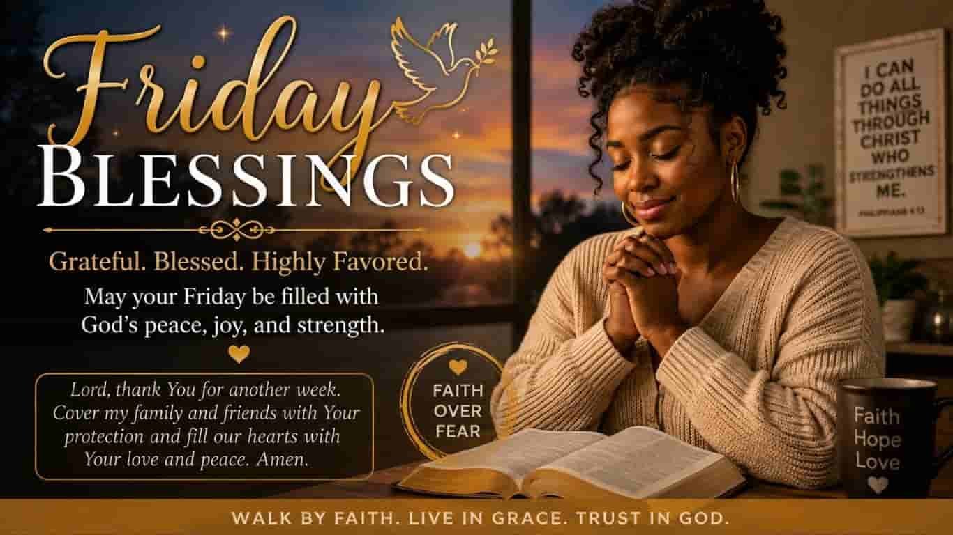 African American woman praying beside an open Bible at sunset with a Friday Blessings message, uplifting Christian quote, and faith-inspired words about God’s peace, joy, strength, and protection.
