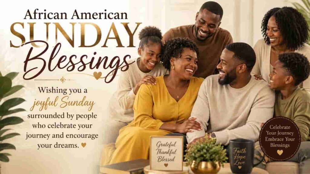 African American Sunday blessings greeting card featuring a happy family, positive quote, and warm indoor setting