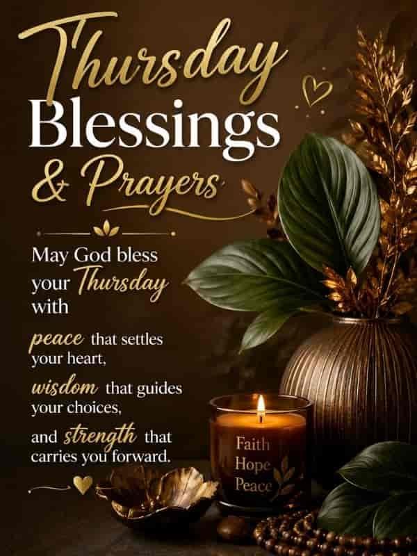 African American Thursday blessings and prayers with a peaceful gold and brown design, green leaves, glowing candle, and message asking God to bless Thursday with peace, wisdom, and strength.