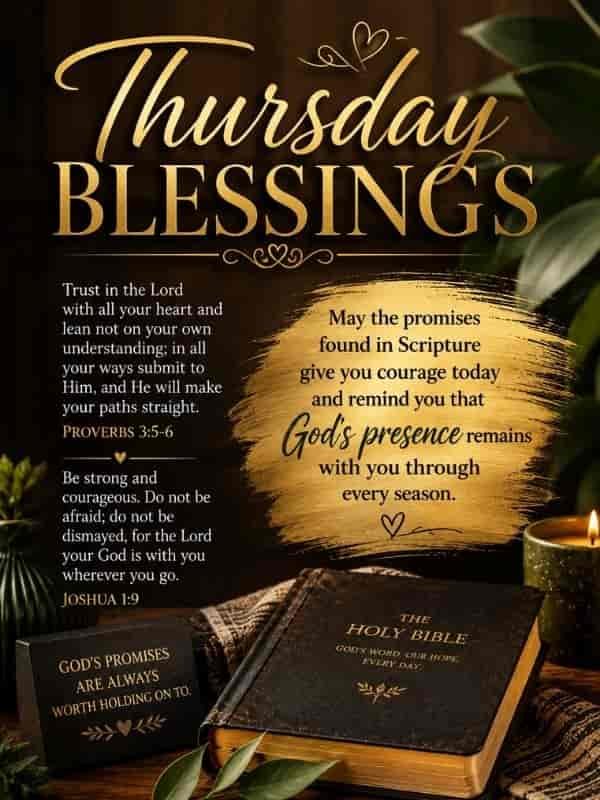 African American Thursday blessings Bible verse image with a warm devotional setting, golden typography, Holy Bible, greenery, candlelight, and an encouraging message about God’s promises, courage, and His presence through every season.