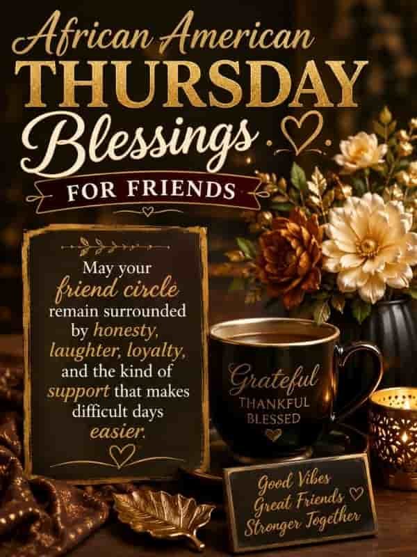 African American Thursday blessings for friends with a warm message about honesty, laughter, loyalty, and supportive friendships, featuring elegant gold floral accents and a cozy coffee cup.