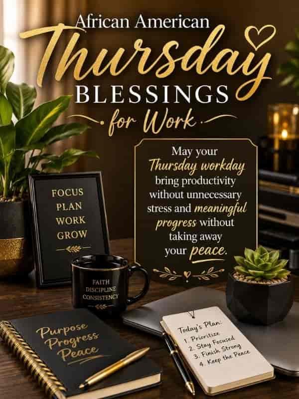 African American Thursday blessings for work with a peaceful office setting and an inspirational message about productivity, meaningful progress, reduced stress, and maintaining peace during the workday.