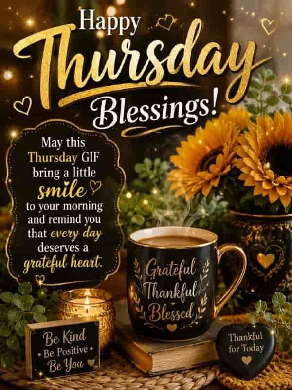 African American Thursday blessings GIF with a warm golden design, sunflowers, a grateful mug, candlelight, and the message, “May this Thursday GIF bring a little smile to your morning and remind you that every day deserves a grateful heart.