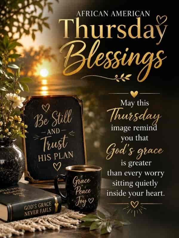 African American Thursday blessings image with a peaceful sunrise, flowers, greenery, and elegant gold typography featuring a message about God’s grace being greater than every worry in your heart.