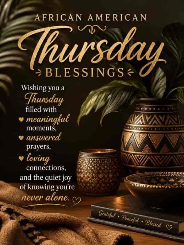 African American Thursday blessings quote with elegant gold typography, decorative African-inspired pottery, green leaves, and warm candlelight, featuring a message about meaningful moments, answered prayers, loving connections, and never being alone.