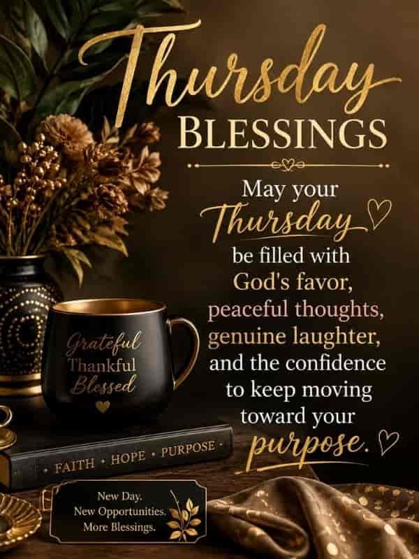 African American Thursday blessings quotes with a warm black and gold design, floral arrangement, grateful mug, and an inspirational message asking for God’s favor, peaceful thoughts, genuine laughter, confidence, and purpose.