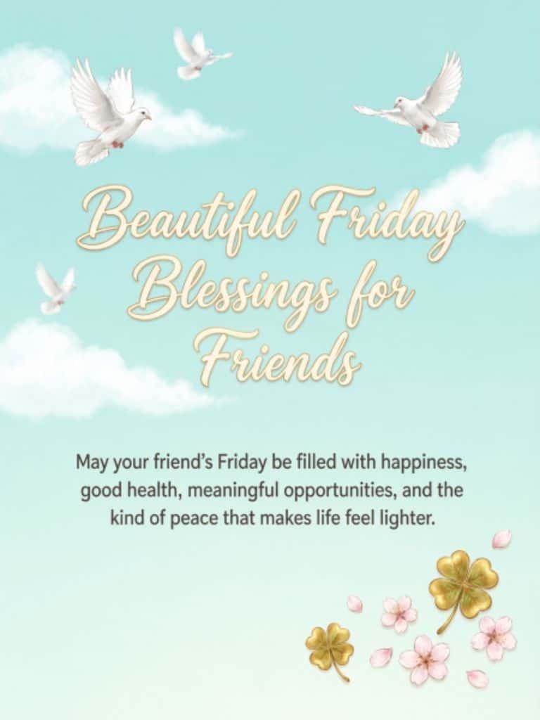 Beautiful Friday blessings for friends image with white doves flying over a turquoise sky, soft clouds, golden clovers, pink flowers, and a message wishing friends happiness, good health, meaningful opportunities, and peace.