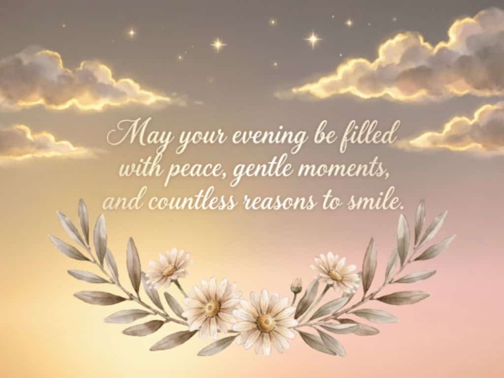 Beautiful good evening blessing quote with peaceful clouds, glowing stars, and a floral arrangement, wishing peace, gentle moments, and reasons to smile.