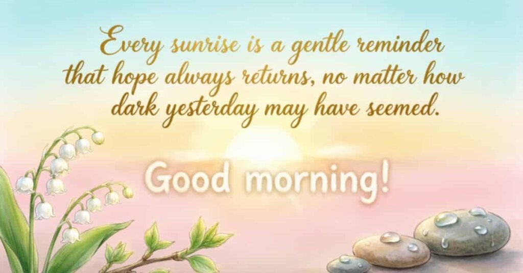 Beautiful Good Morning blessing quote with a peaceful sunrise, white lily-of-the-valley flowers, green leaves, and smooth stones.