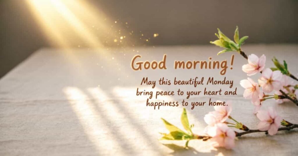 Beautiful Monday morning blessings image with soft sunlight, blooming pink flowers, and an inspirational good morning message praying for peace, happiness, and God's blessings.