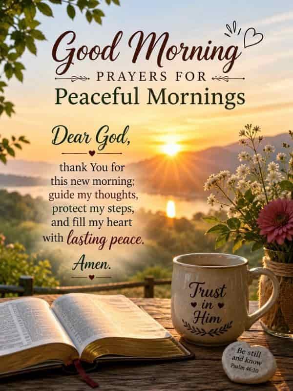 Beautiful good morning prayer with a peaceful sunrise over a lake, open Bible, flowers, and a heartfelt prayer asking God to guide thoughts, protect each step, and fill the heart with lasting peace.
