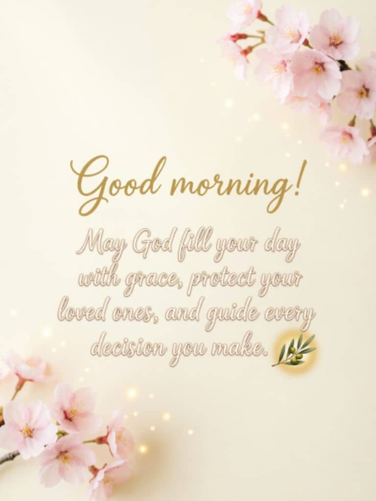 Beautiful Good Morning Saturday blessings image with pink cherry blossoms and a prayer asking God to fill the day with grace, protect loved ones, and guide every decision.
