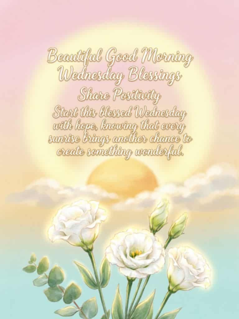 Beautiful Good Morning Wednesday Blessings graphic with a sunrise, white flowers, and an inspirational message about hope, positivity, and new opportunities.