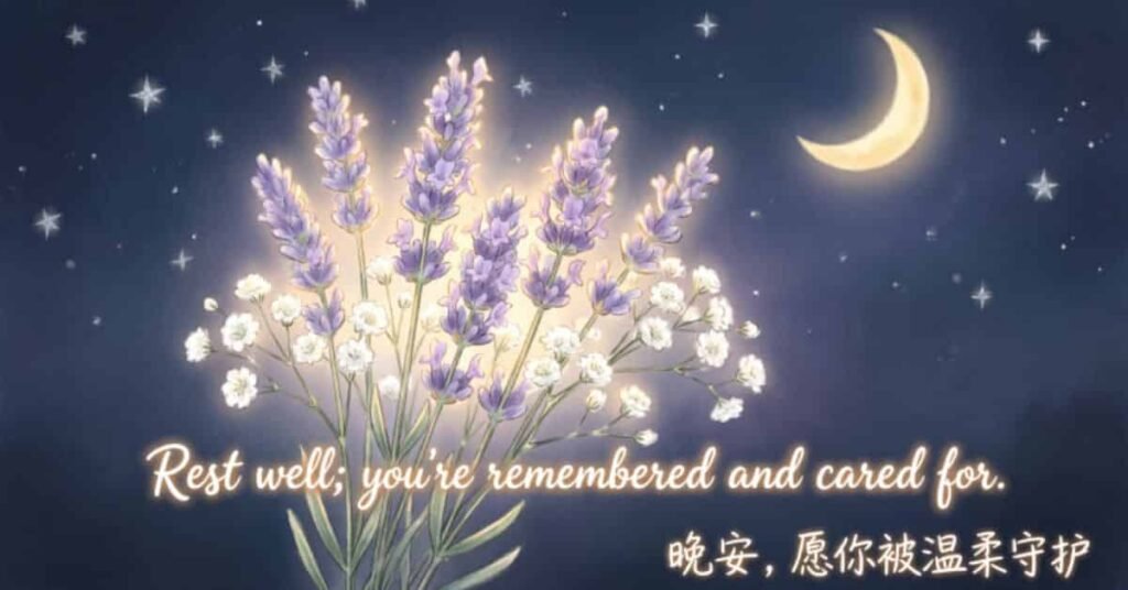 Beautiful good night blessing for friends featuring lavender and white flowers under a crescent moon and starry night sky, with a message of care and peaceful rest.