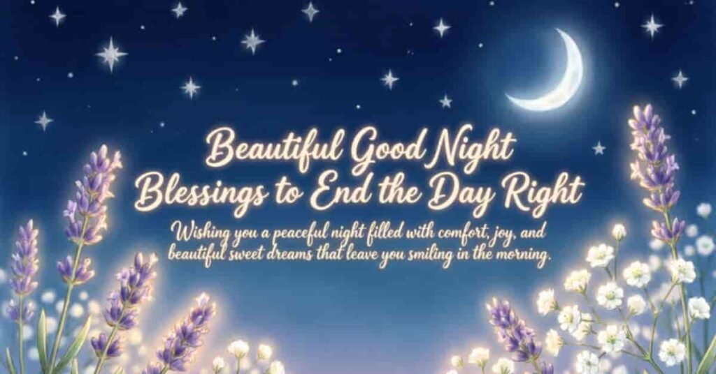 Beautiful good night blessings with a glowing crescent moon, sparkling stars, lavender flowers, and a peaceful message wishing comfort, joy, and sweet dreams.