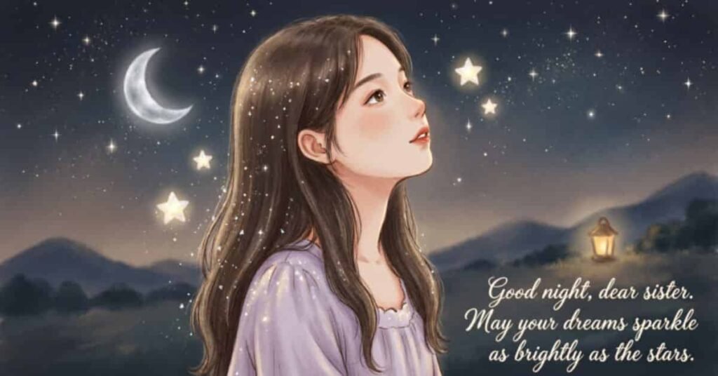 Illustration of a young girl gazing at the crescent moon and twinkling stars with a heartfelt good night message for sister, set against a peaceful nighttime landscape with mountains and a glowing lantern.