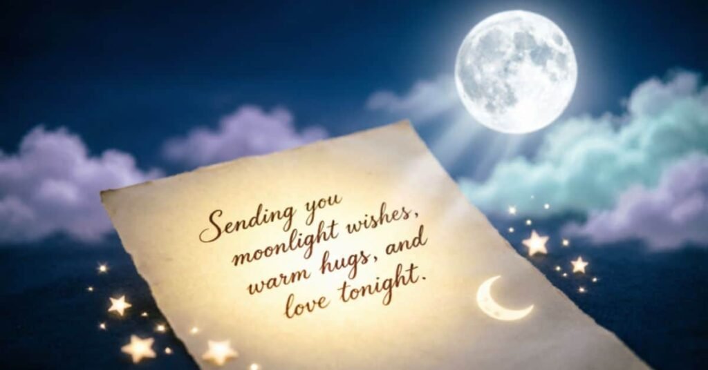 Peaceful good night illustration featuring a glowing full moon, dreamy clouds, sparkling stars, and a handwritten note with a heartfelt bedtime message, creating a warm and comforting nighttime atmosphere.