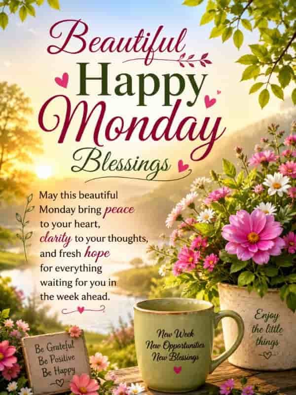 Beautiful Happy Monday Blessings greeting with colorful flowers, peaceful sunrise landscape, and an uplifting message wishing peace, clarity, and fresh hope for the week ahead.