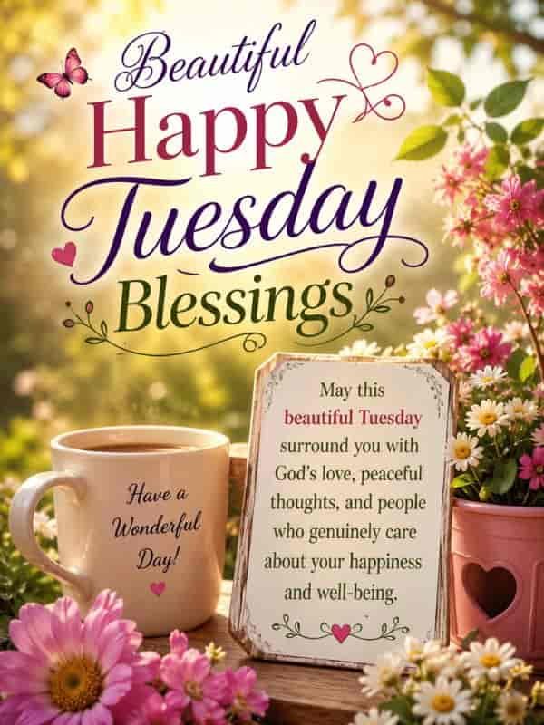 Beautiful Happy Tuesday Blessings greeting with colorful flowers, a warm coffee mug, and a blessing plaque featuring a message about God’s love, peaceful thoughts, happiness, and well-being.