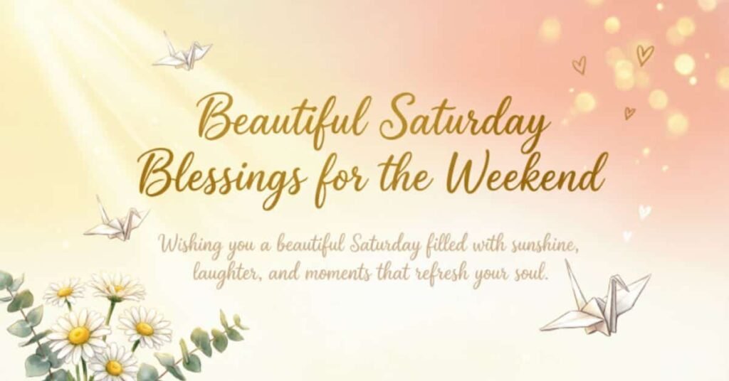 Beautiful Saturday blessings for the weekend with a warm pastel background, paper cranes, glowing hearts, and white daisies, featuring an uplifting message about sunshine, laughter, and refreshing moments.