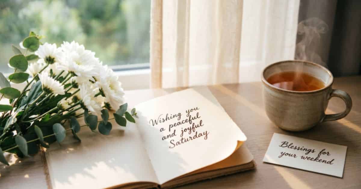 Peaceful Saturday blessings scene with white flowers, a cup of tea, and a card wishing a joyful Saturday and blessed weekend.