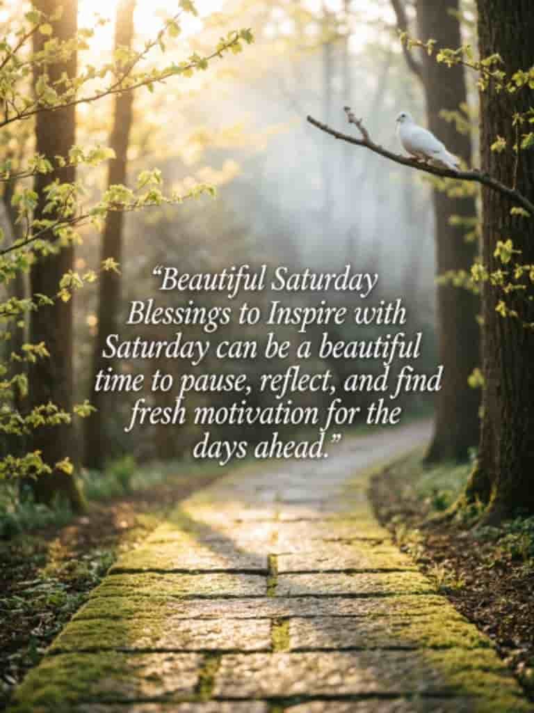 Beautiful Saturday blessings quote over a peaceful forest path with sunlight filtering through trees and a white bird perched on a branch, inspiring reflection and fresh motivation.