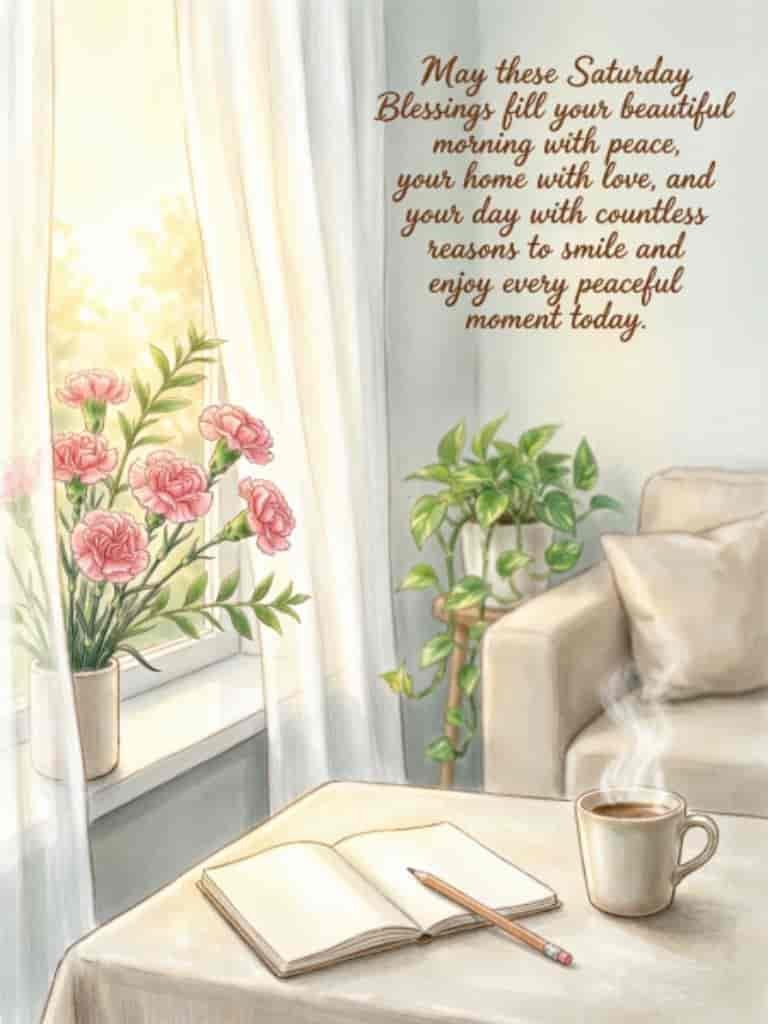 Beautiful Saturday morning blessing with a peaceful living room, flowers, coffee, and a message wishing peace, love, joy, and countless reasons to smile.