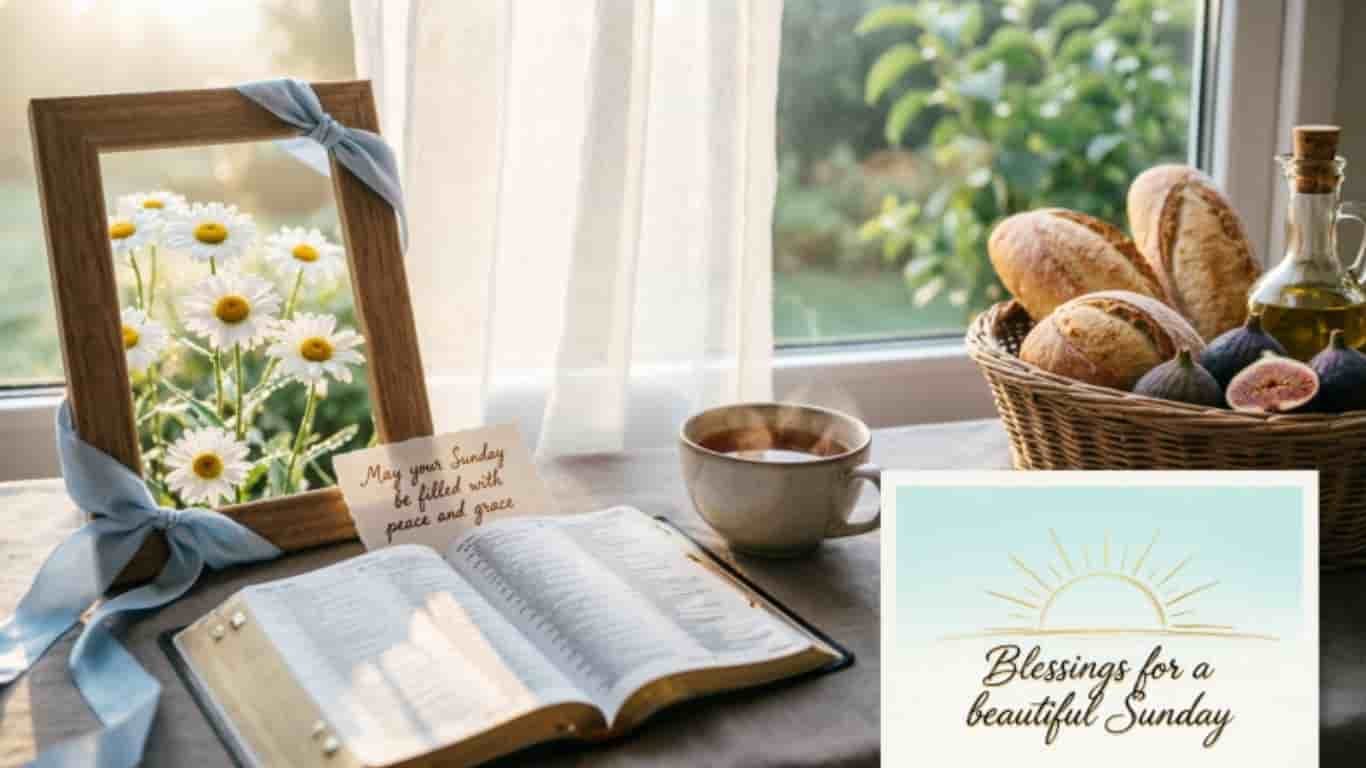 Beautiful Sunday blessings image featuring an open Bible, white daisies, a cup of tea, fresh bread, and a card reading ‘Blessings for a beautiful Sunday.’
