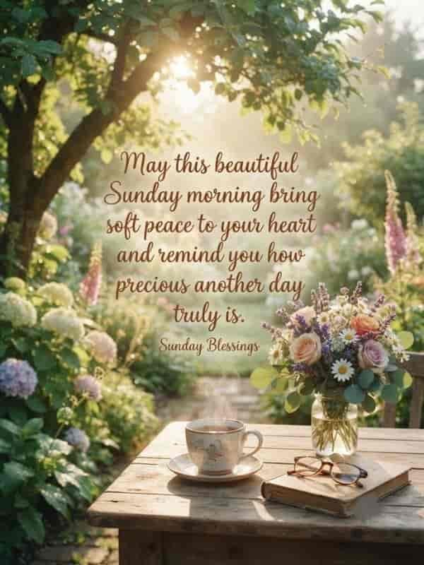 A peaceful Sunday morning scene in a lush garden with sunlight filtering through trees. A wooden table holds a steaming cup of coffee, a vase of fresh pastel flowers, eyeglasses, and a closed book, accompanied by the text: 'May this beautiful Sunday morning bring soft peace to your heart and remind you how precious another day truly is. Sunday Blessings.
