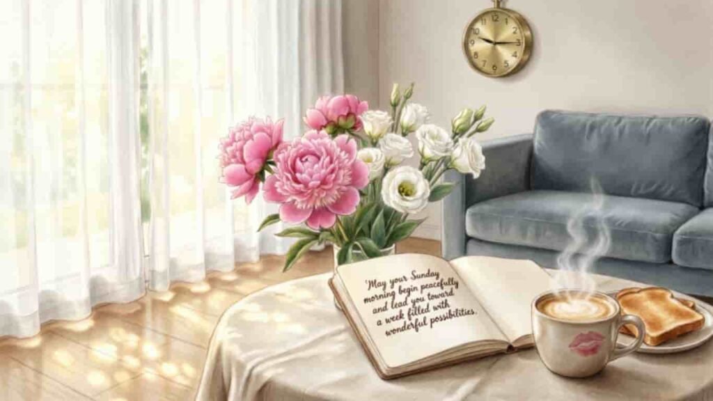 Beautiful Sunday morning blessings image featuring pink and white flowers, an open book with a peaceful Sunday message, coffee, toast, and a cozy sunlit living room.