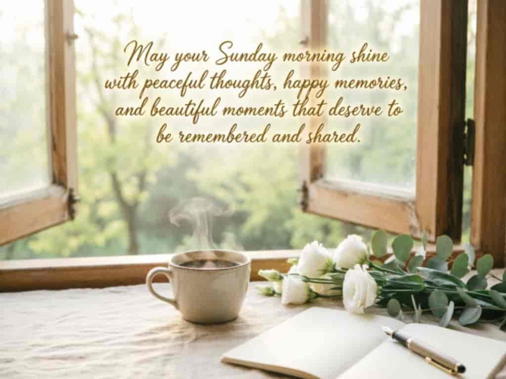 Beautiful Sunday morning blessings quote with coffee cup, flowers and sunlight through open window