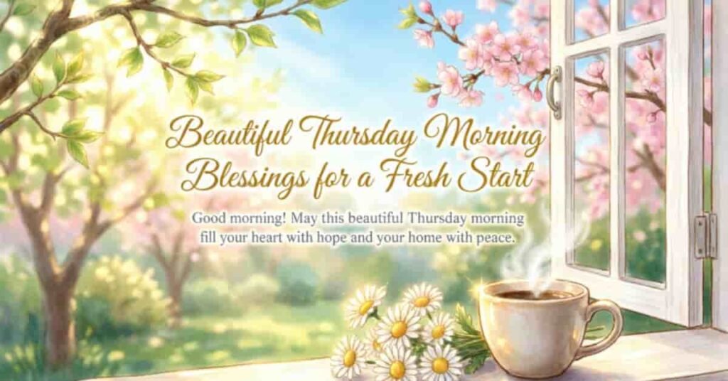 Beautiful Thursday morning blessings for a fresh start, featuring blooming trees, daisies, an open window, and a steaming cup of coffee with an uplifting message of hope and peace.