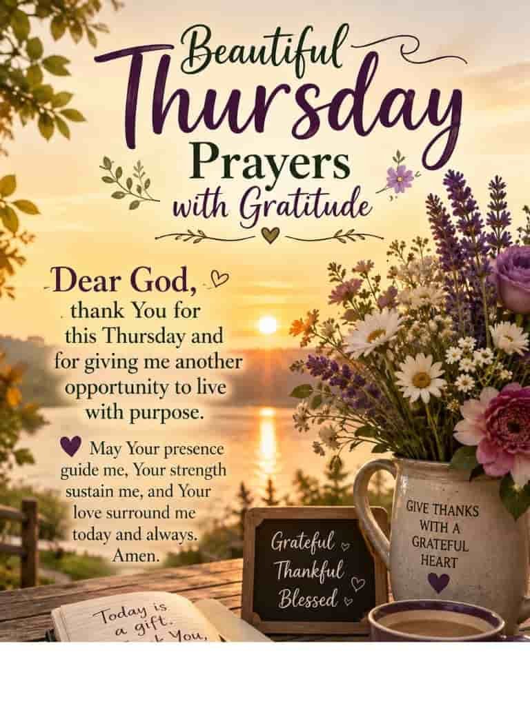 Beautiful Thursday prayers with gratitude image featuring sunrise lake view, flowers, coffee cup, and a heartfelt prayer about thankfulness, guidance, strength, and love.