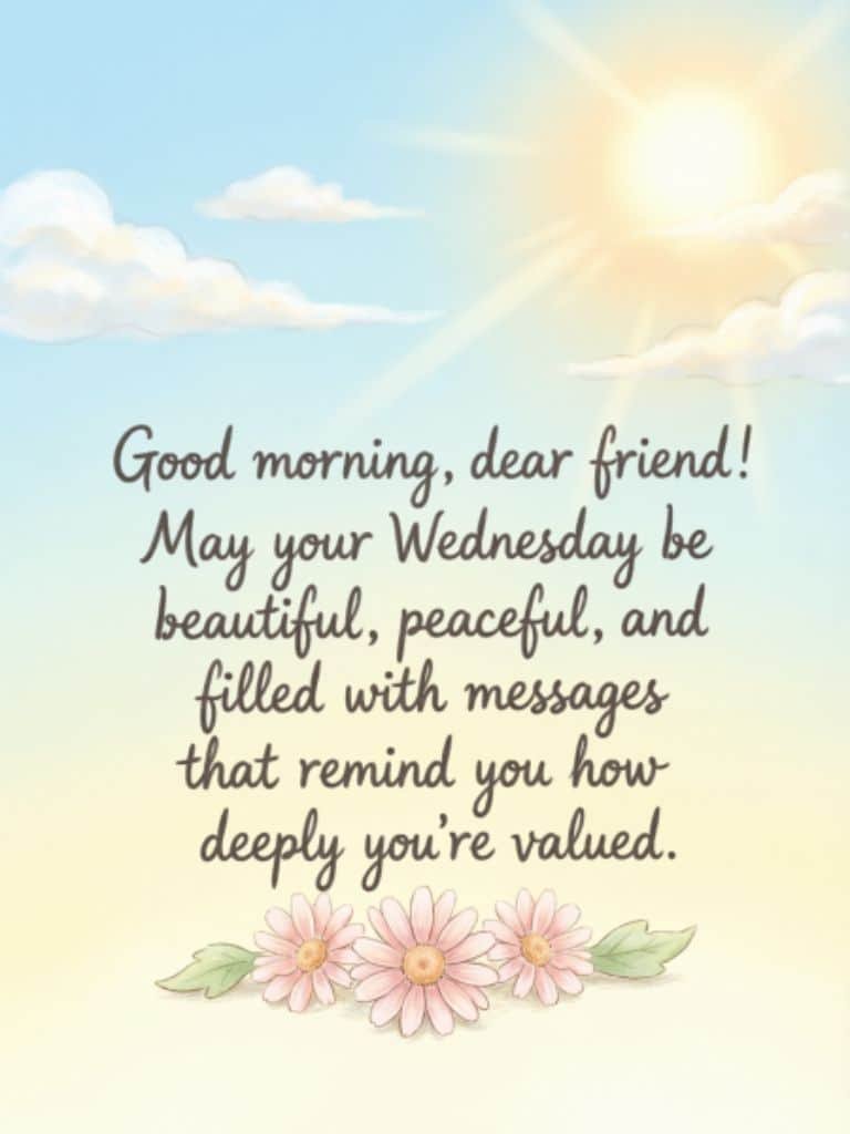 Beautiful Wednesday Good Morning message graphic with a sunny blue sky, soft clouds, pink flowers, and an uplifting message wishing a peaceful and valued Wednesday.