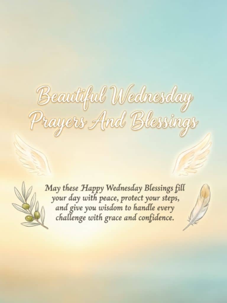 Beautiful Wednesday prayers and blessings image with glowing angel wings and olive branch graphic.