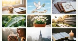 Good morning Wednesday blessings and prayer images featuring coffee, flowers, nature, a peaceful park bench, church, Bible, candle, and inspirational messages.