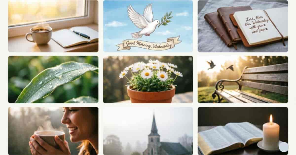 Good morning Wednesday blessings and prayer images featuring coffee, flowers, nature, a peaceful park bench, church, Bible, candle, and inspirational messages.