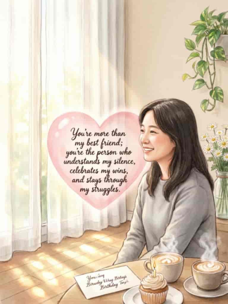 Best friend birthday illustration of a woman sitting at a cozy table with coffee and a cupcake, beside a heart-shaped message celebrating friendship, support, and unforgettable memories.