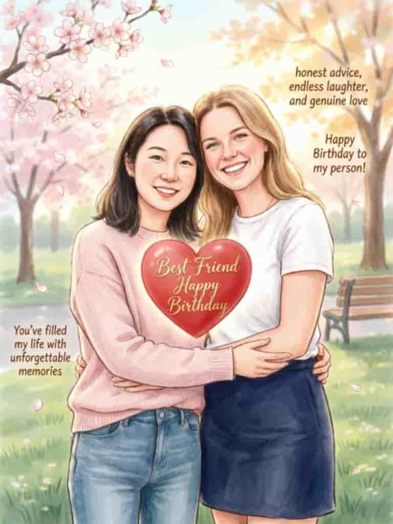 Two best friends embracing in a spring park while holding a heart-shaped “Best Friend Happy Birthday” sign, surrounded by blooming cherry blossoms and heartfelt birthday messages.